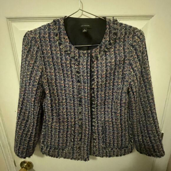 Ann Taylor Tweed Blazer Fringe Jacket Size 0 (XS) Snap Button Twee - Picture 1 of 8